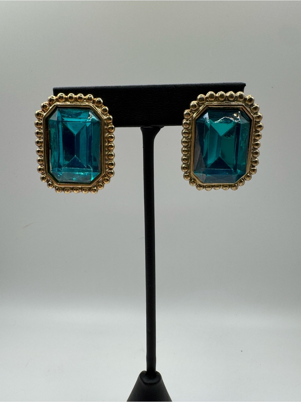 Gold-Trim Teal Emerald-Cut Statement Earrings